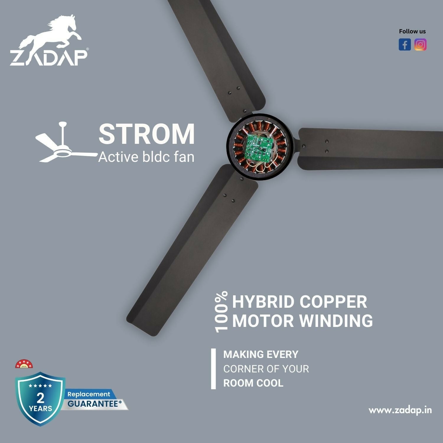ZADAP STROM BLDC ceiling fan side angle view