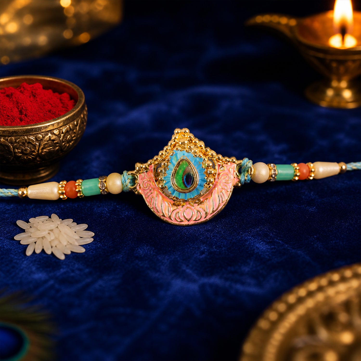 Peacock Feather Crown Pendant Rakhi with Pink Enamel