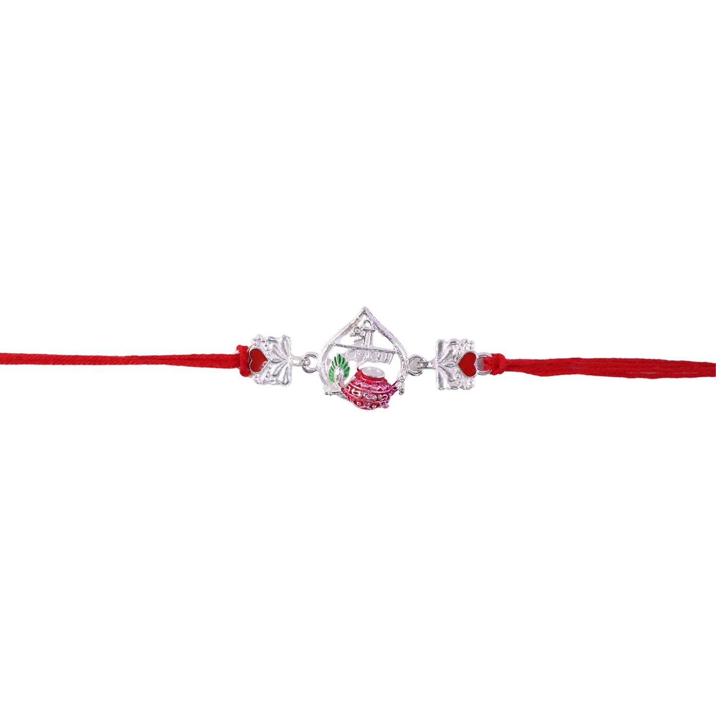 Silver Crown Rakhi with Pink Stone Center and Red Mauli Thread