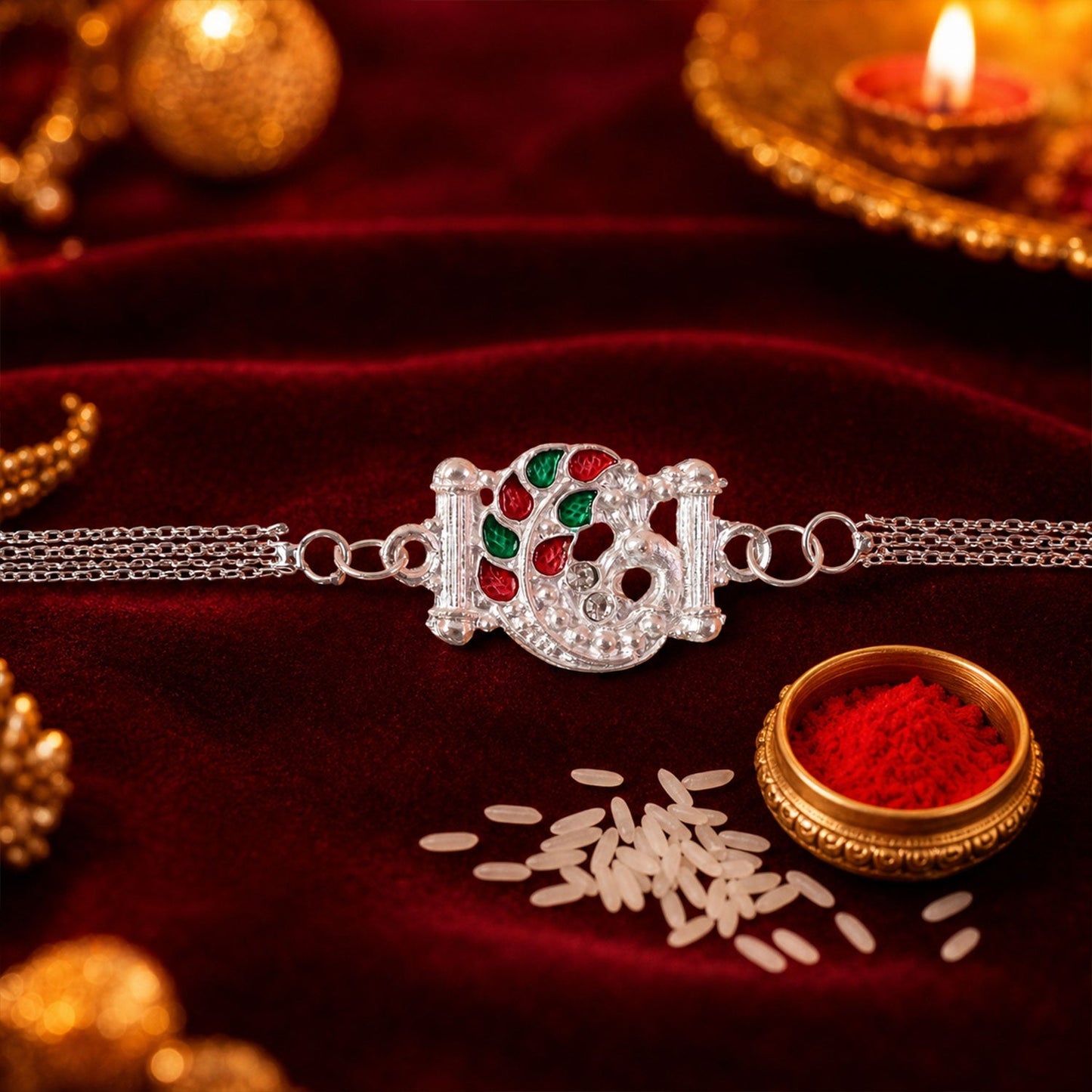 Silver Mor Peacock Meenakari Enamel Crystal Chain Rakhi (10pcs)
