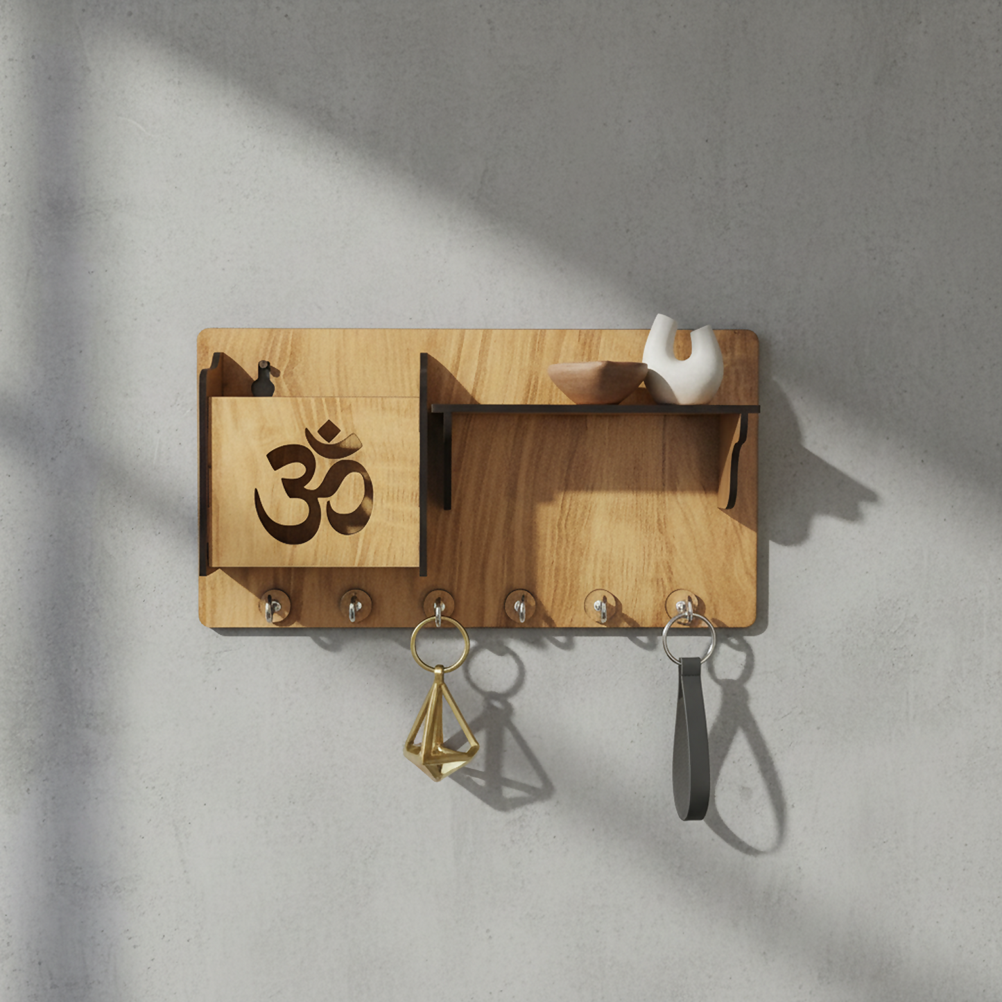 Wooden Om Key Holder with Shelf & Mobile Stand | Spiritual Home Décor