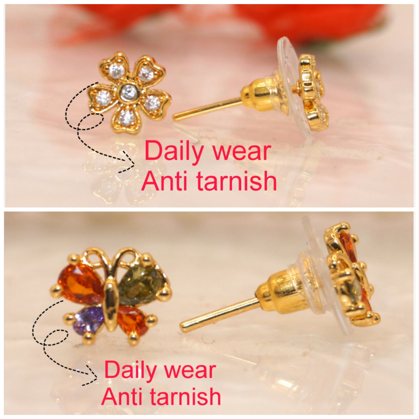 Gold-Plated AD Flower & Colorful Butterfly Stud Earrings Set for women & girls Combo Pack of 2