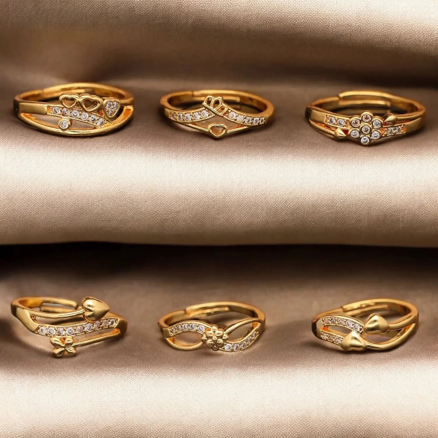 Elegant Finger Ring Set for Women, Made of Brass with Diamond Detailing Gold Plating (Pack of 6)