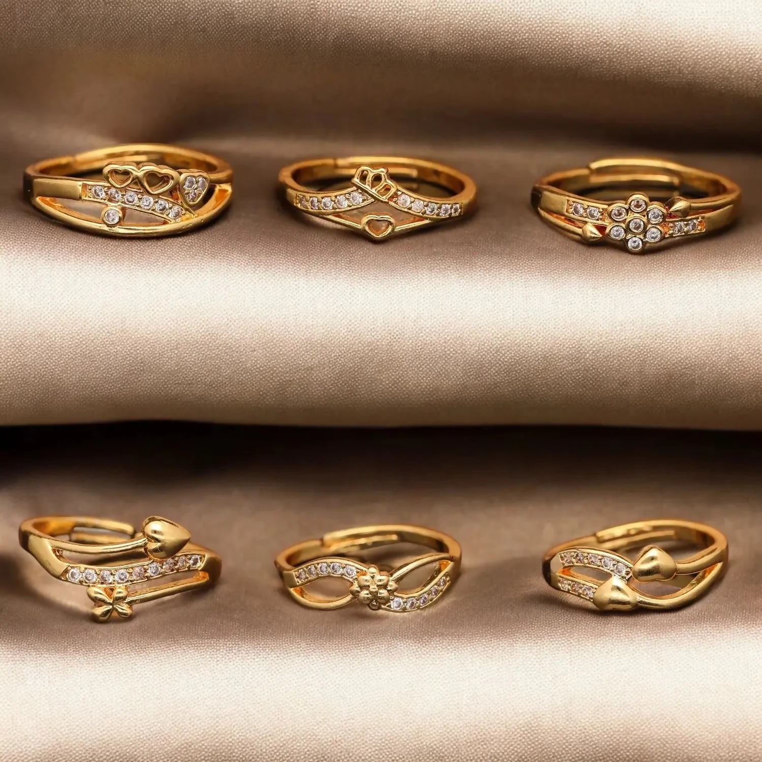 Elegant Finger Ring Set for Women, Made of Brass with Diamond Detailing Gold Plating (Pack of 6)