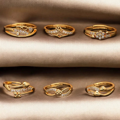 Elegant Finger Ring Set for Women, Made of Brass with Diamond Detailing Gold Plating (Pack of 6)