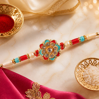 Festive Rakhi with Floral Rosette and crystal accents in bead line for Raksha Bandhan