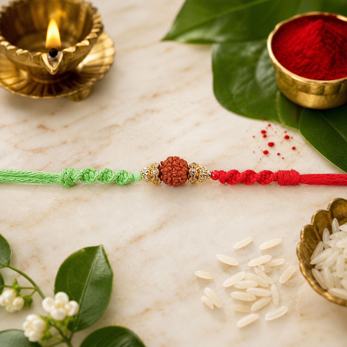Green Thread Rakhi with Natural Rudraksha Bead and Golden Caps