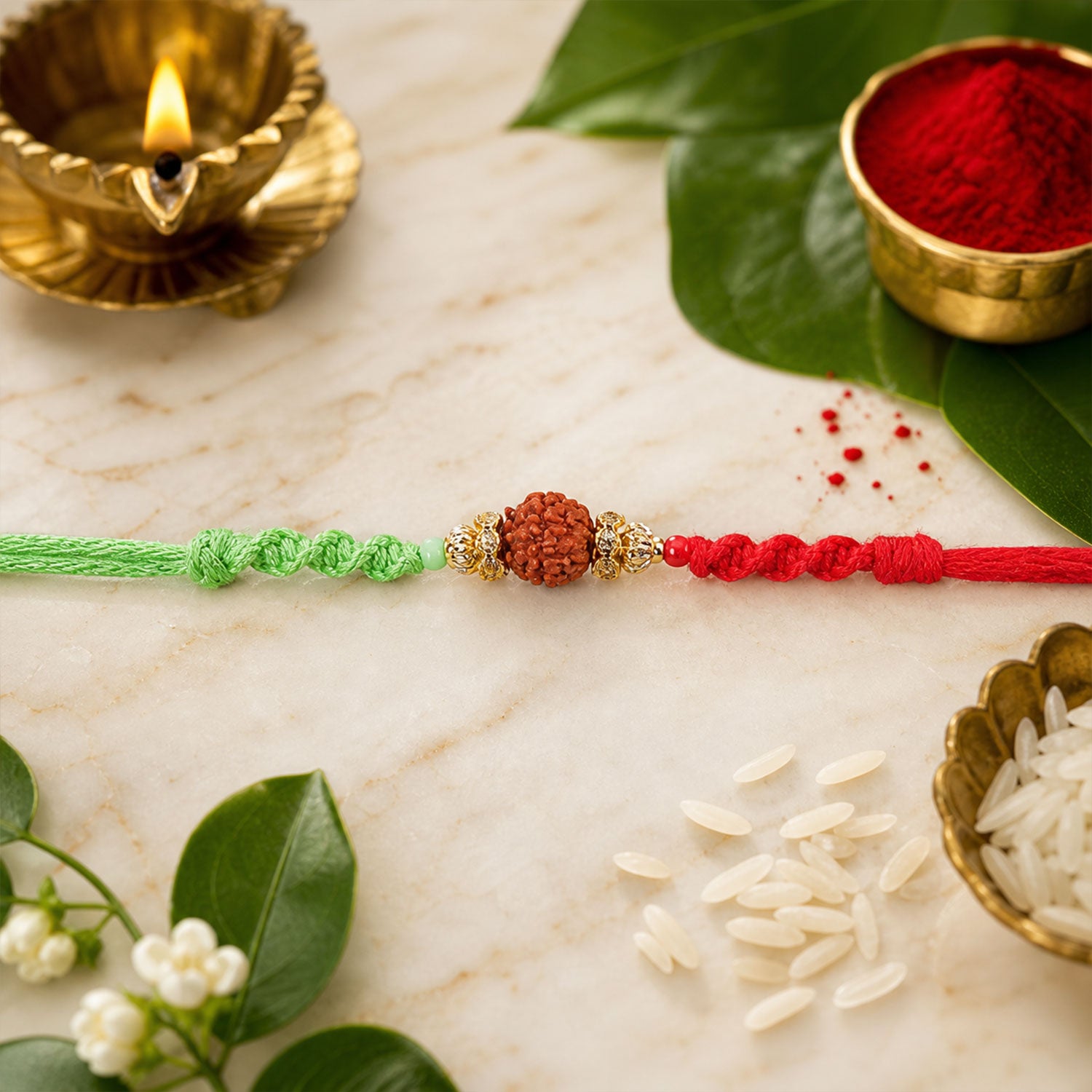 Green Thread Rakhi with Natural Rudraksha Bead and Golden Caps