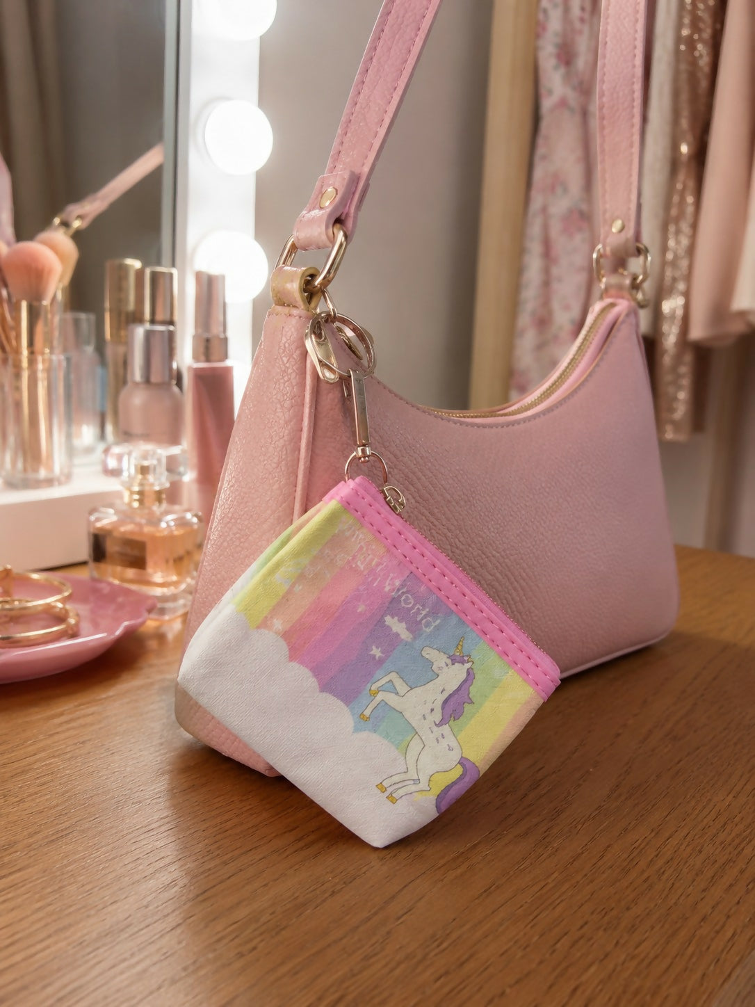 Unicorn mini coin pouch showing zipper and keyring