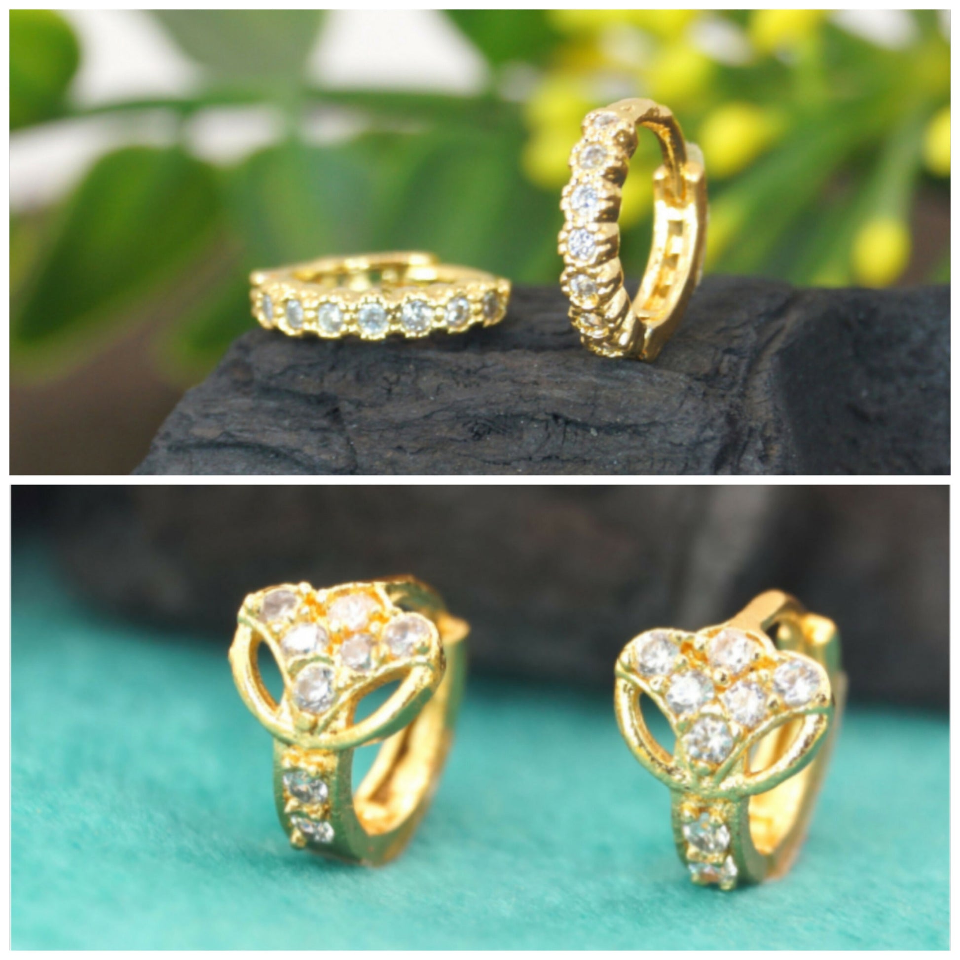 Gold plated CZ dangler huggie hoop earrings with two rows of sparkling stones on white background