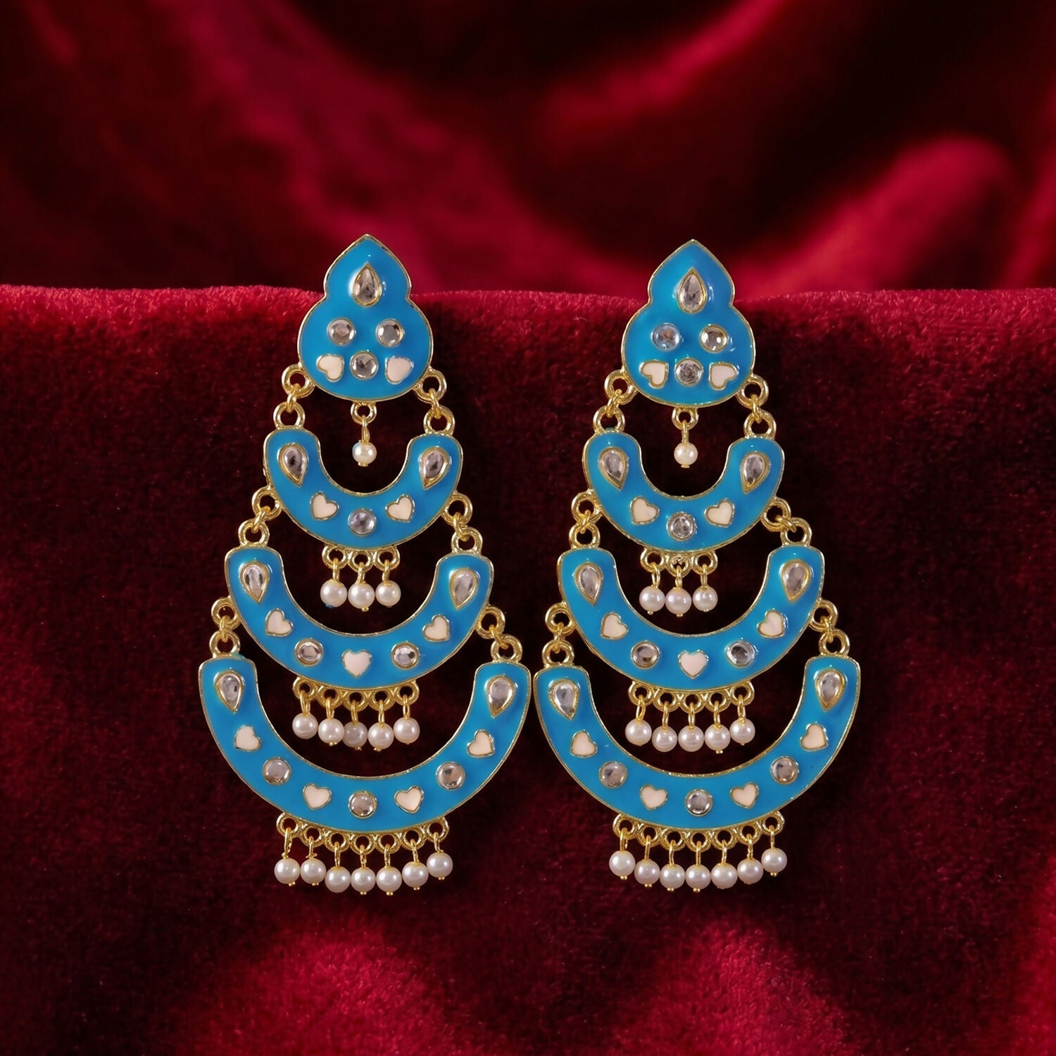 Sky Blue Layered Chandbali Earrings with Pearl Hanging for Women