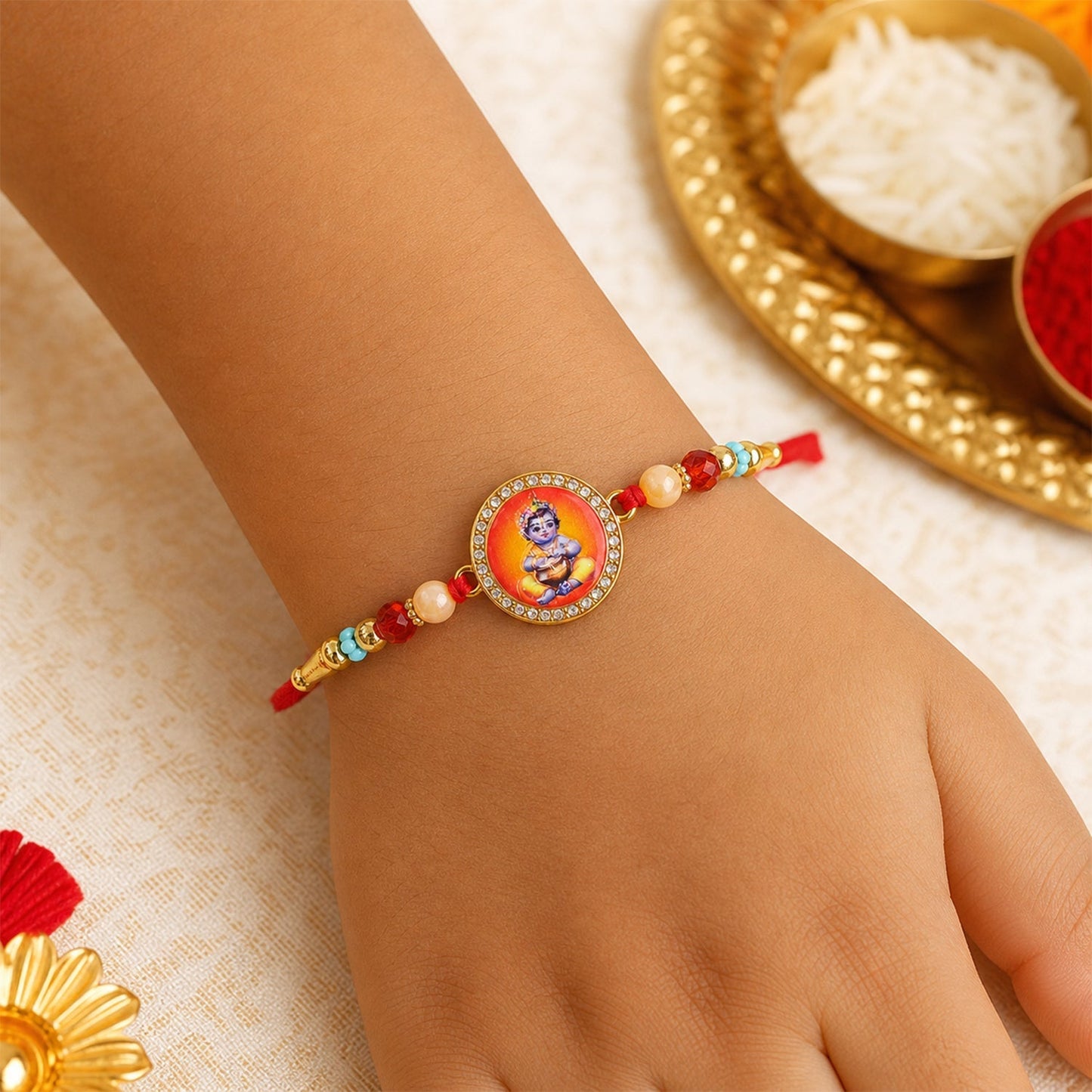Bal Krishna Photo Round Beaded Traditional Rakhi for Brother (5pcs)