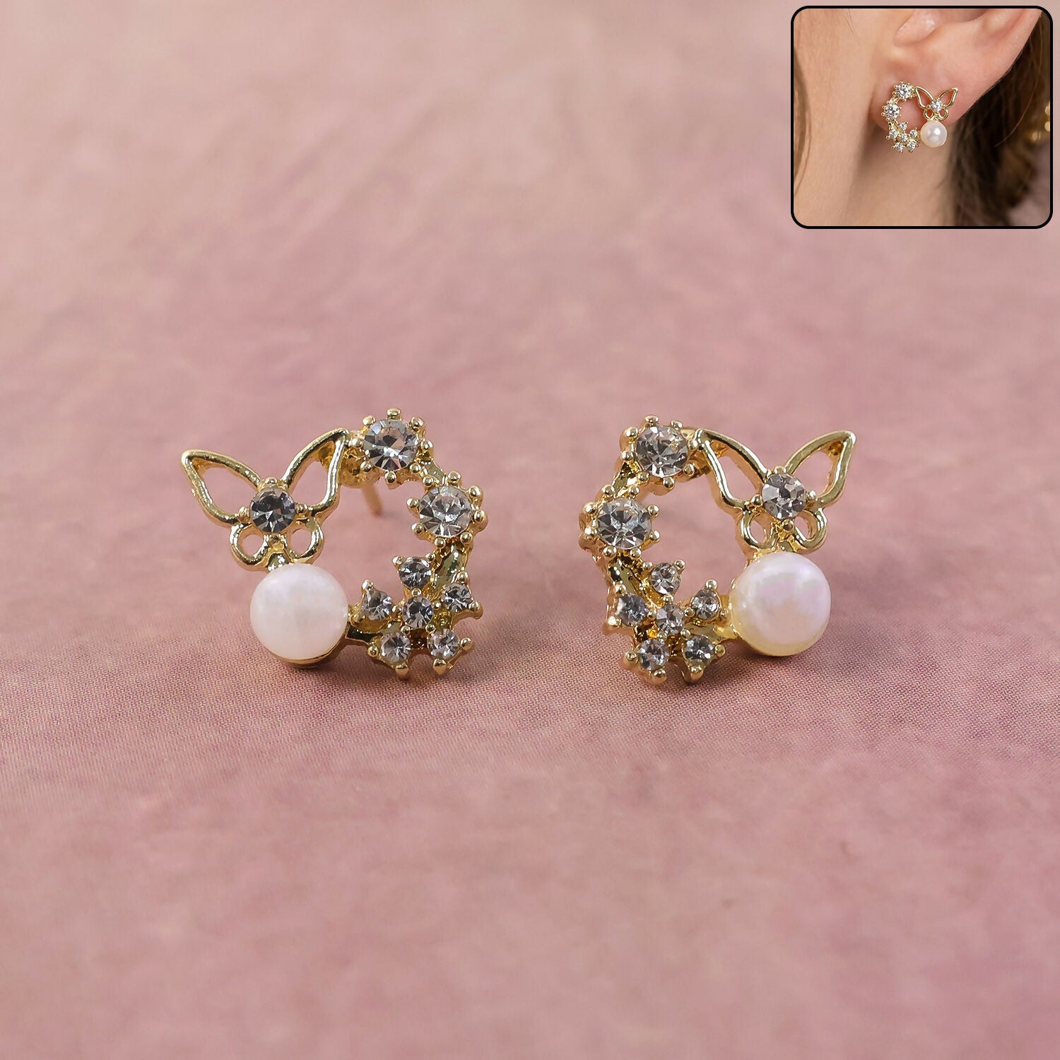 Butterfly Pearl Crystal Stud Earrings for Women And Girls
