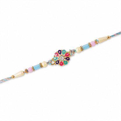 Multicolor Floral Kundan Pendant Rakhi with Pastel Beads