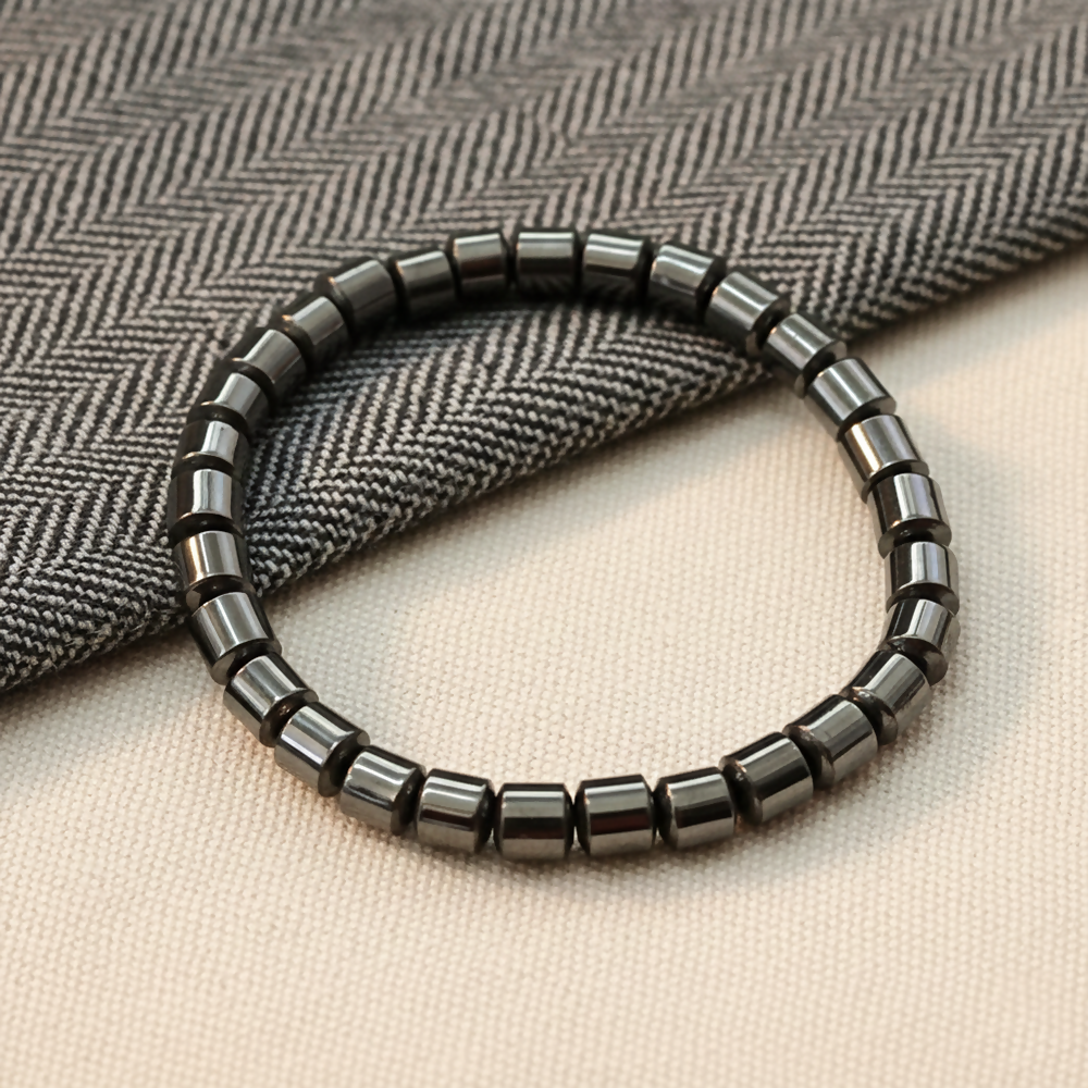 Premium Black Hematite Barrel Bead Stretch Bracelet