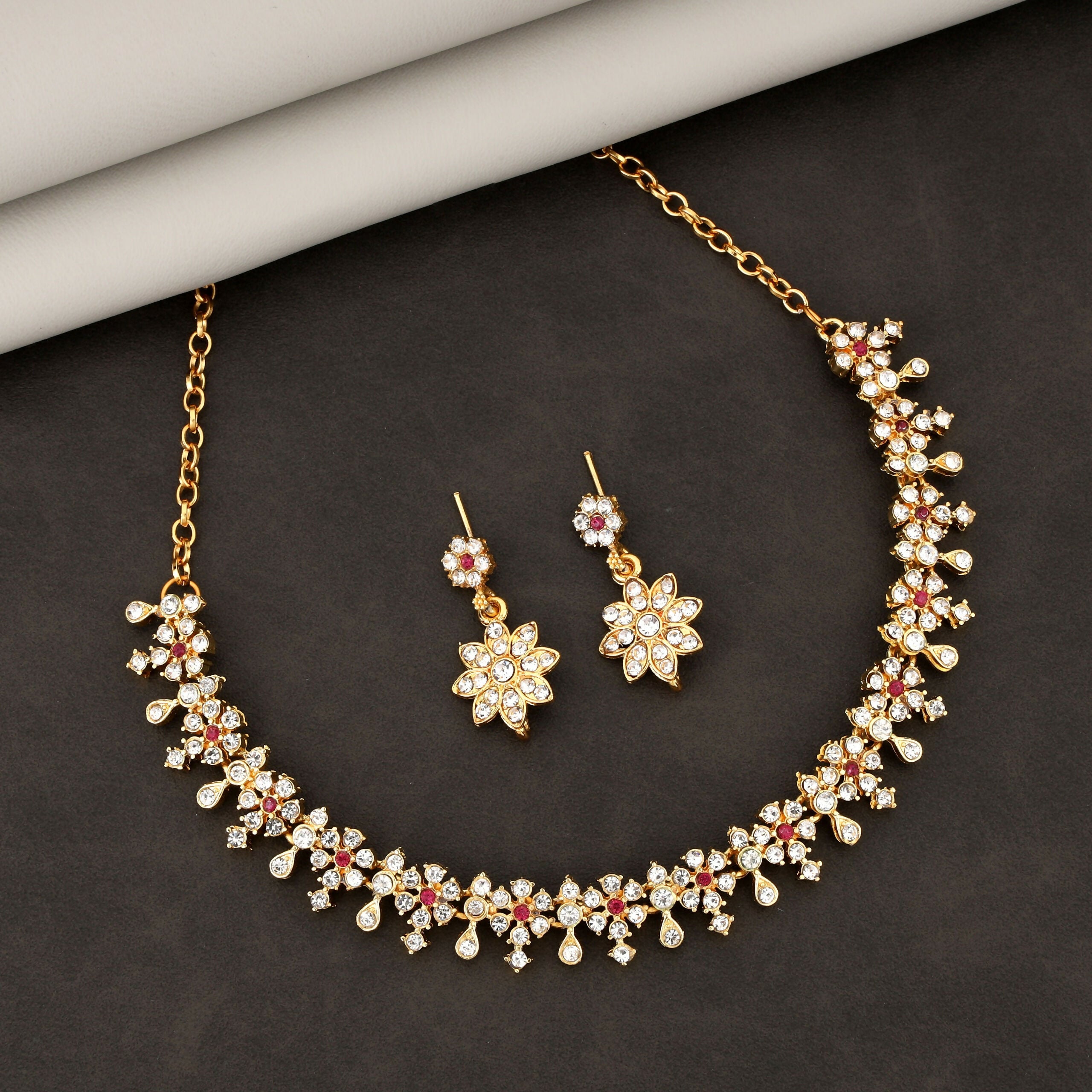 Floral Choker Necklace Set – Elegant Diamond-Look Accent Stones