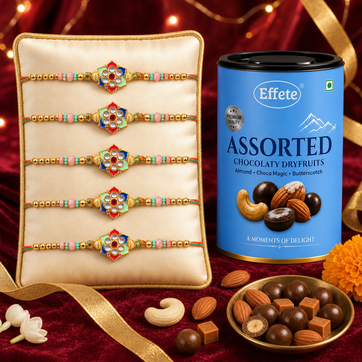 Kundan Floral Rakhi Set with Assorted Dryfruits, Pack of 5
