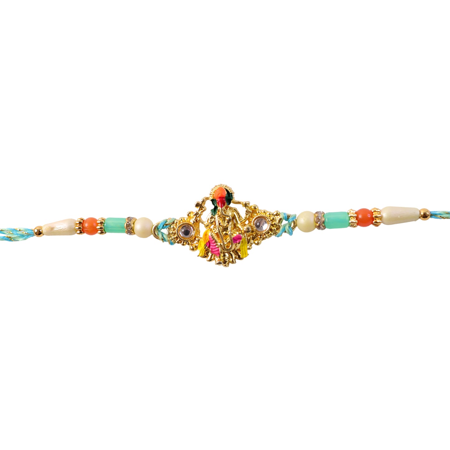 Lord Krishna Flute Pendant Rakhi with Pink and Yellow Drapery