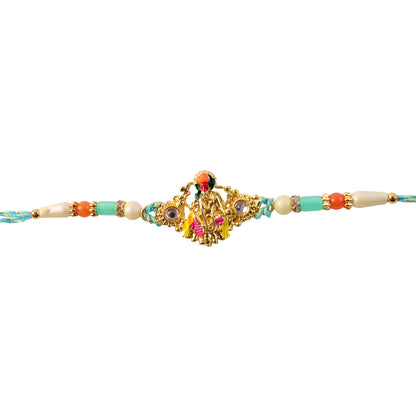 Lord Krishna Flute Pendant Rakhi with Pink and Yellow Drapery