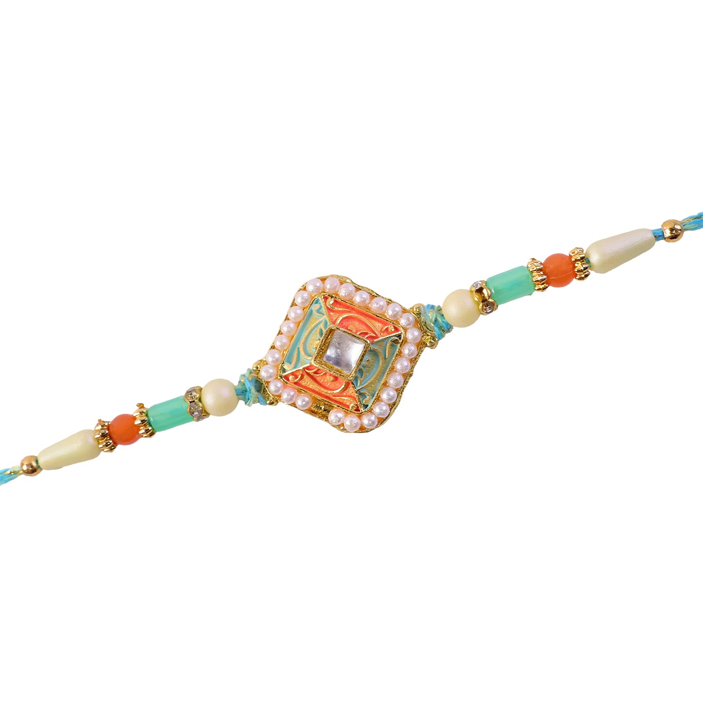 Pearl Bordered Meenakari Pendant Rakhi with Orange and Teal Enamel