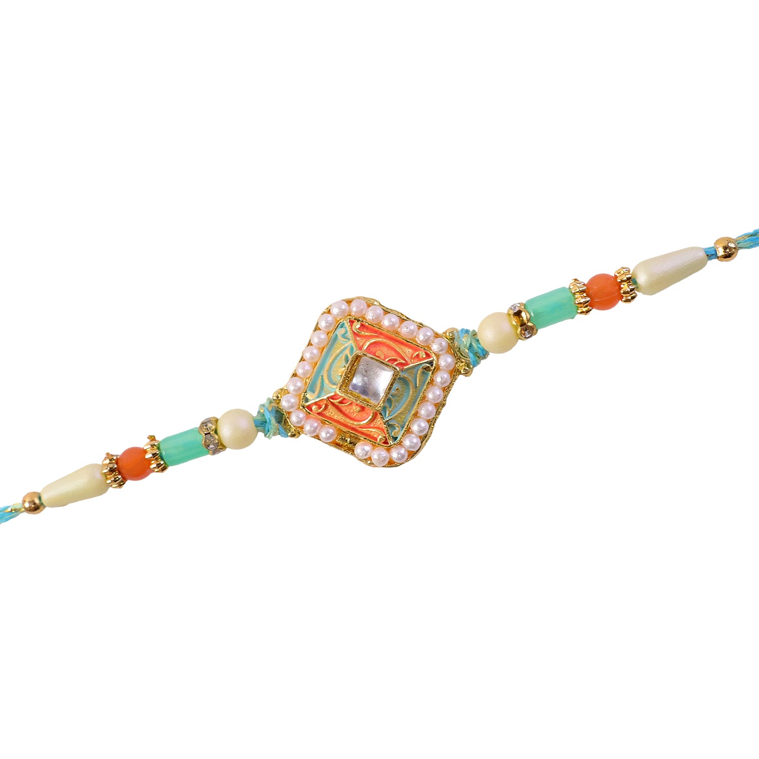 Pearl Bordered Meenakari Pendant Rakhi with Orange and Teal Enamel