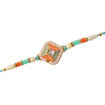 Pearl Bordered Meenakari Pendant Rakhi with Orange and Teal Enamel