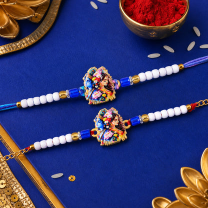 Radha Krishna Floral Art Printed Pearl Beads Bhai Bhabhi Rakhi Set