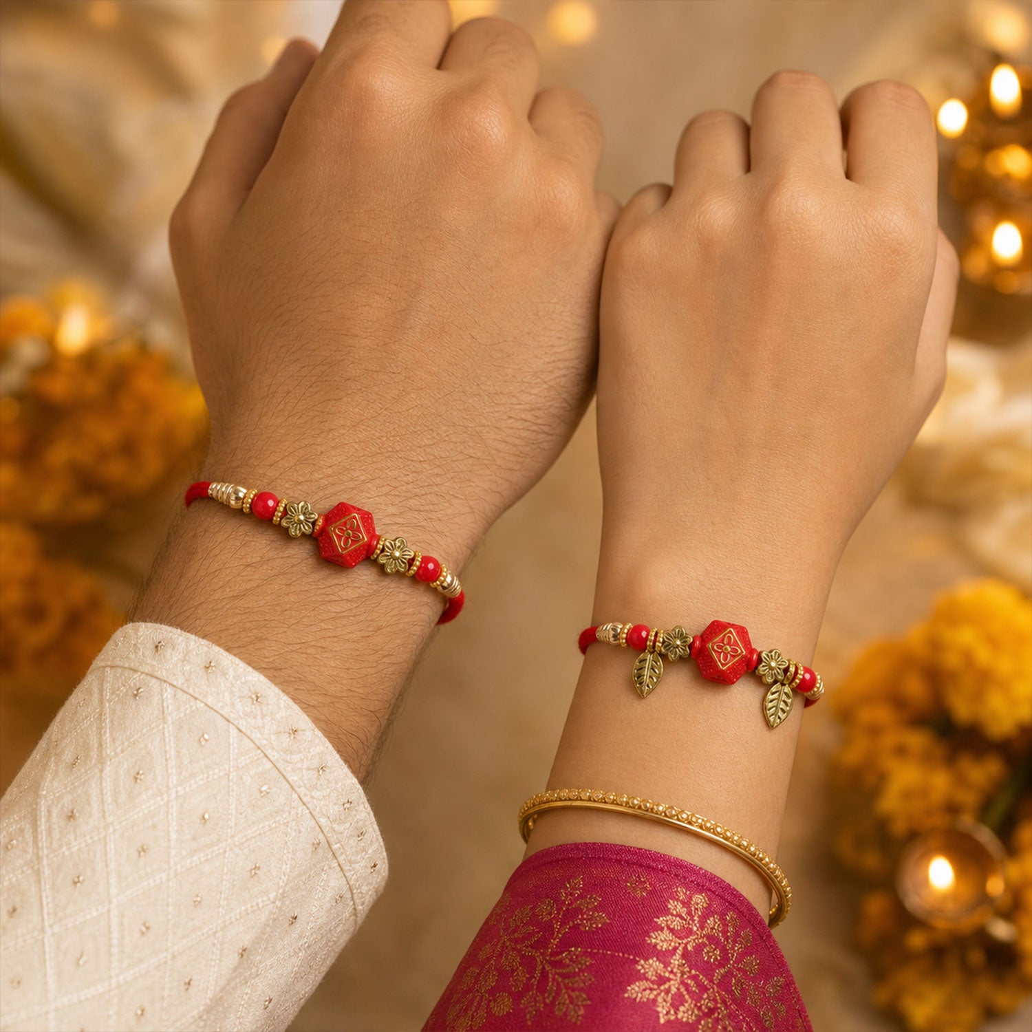 Couple Rakhi with Red Hexagon Charm, Gold Beads and Leaf Accents