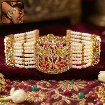 Pearl and multi-stone floral bridal bracelet in gold tone
