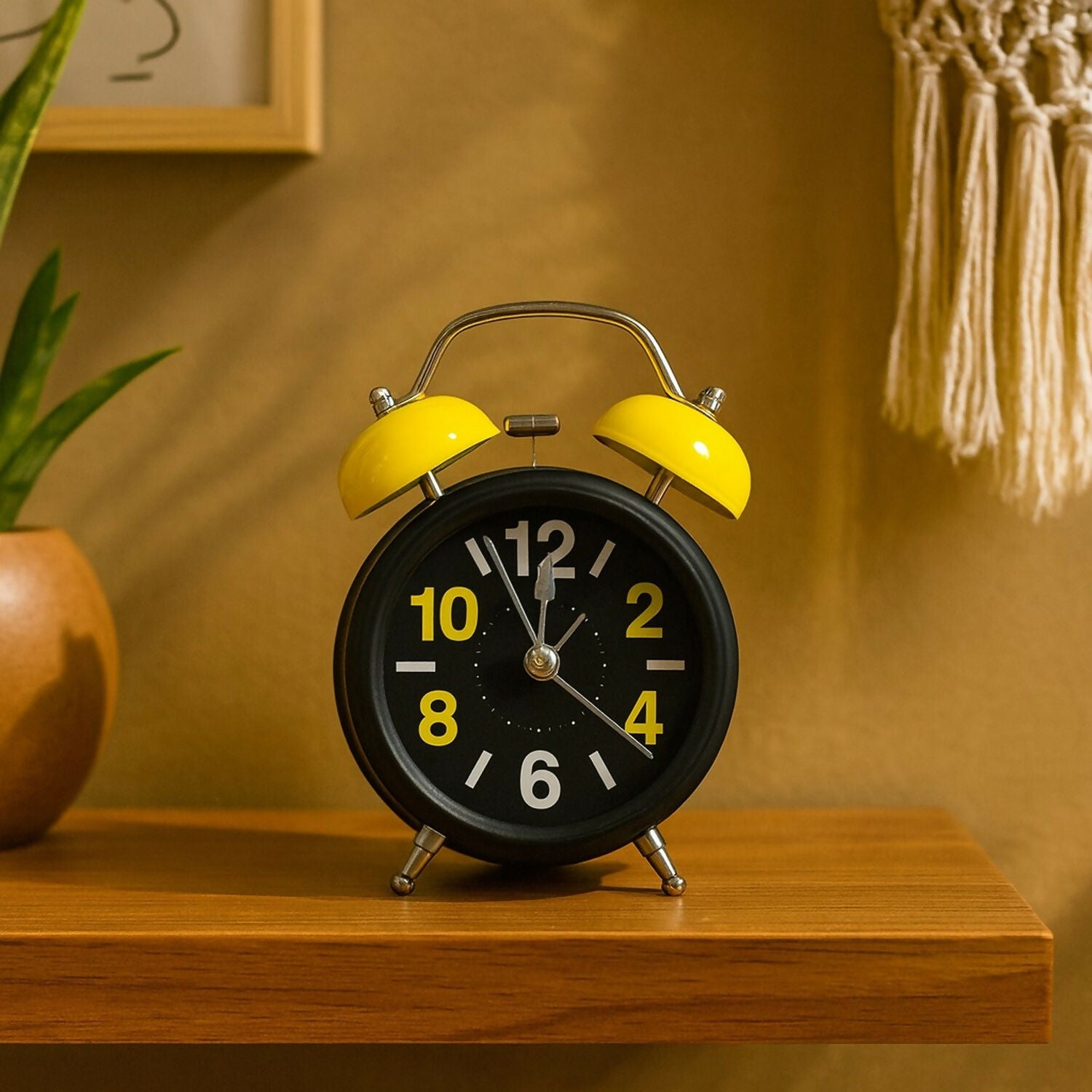 Yellow Twin Bell Alarm Clock – Loud Retro Analog Desk Clock with Night Light
