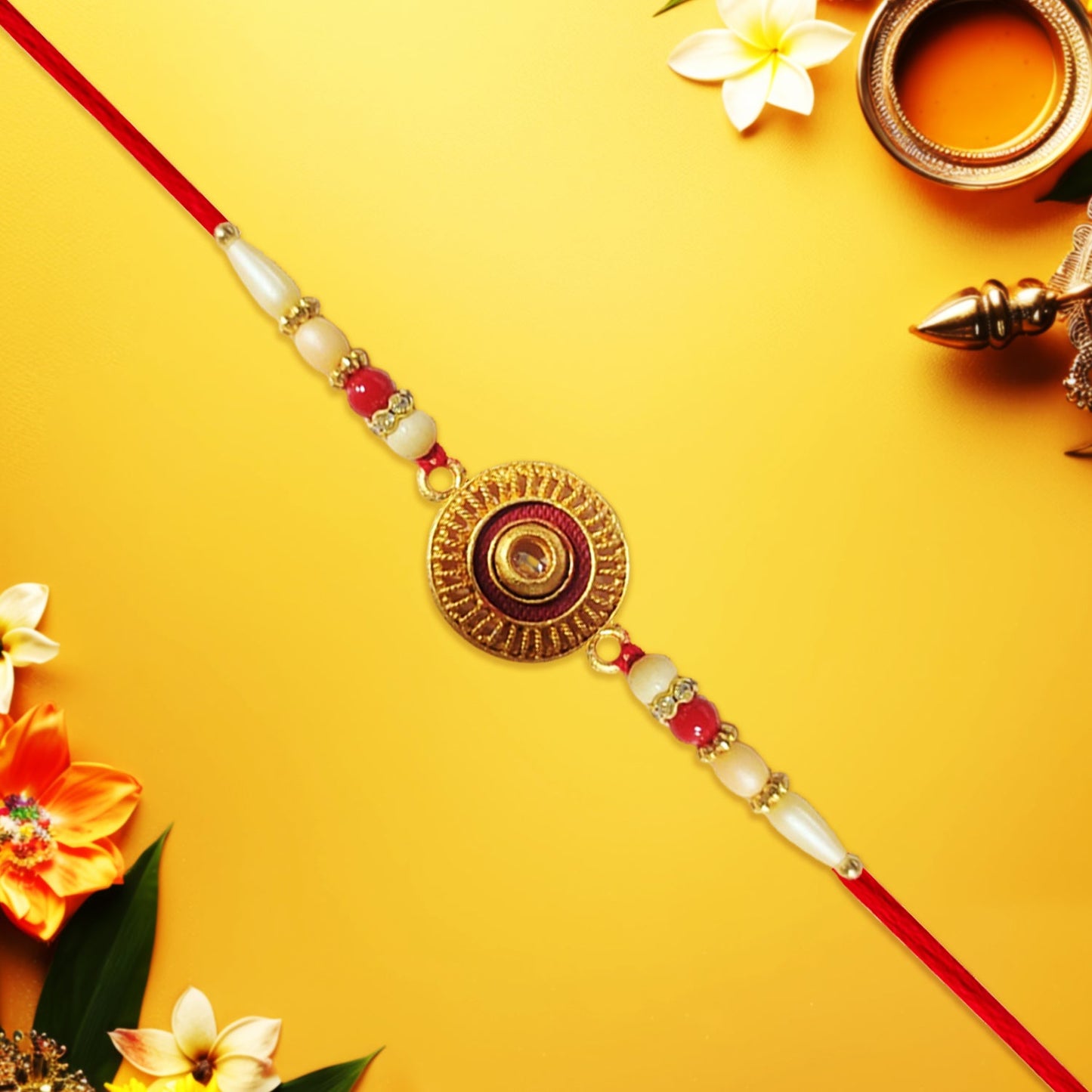 Traditional Round Rakhi with Pearl Beads for Rakshabandhan - Elegant and Festive (5pcs)