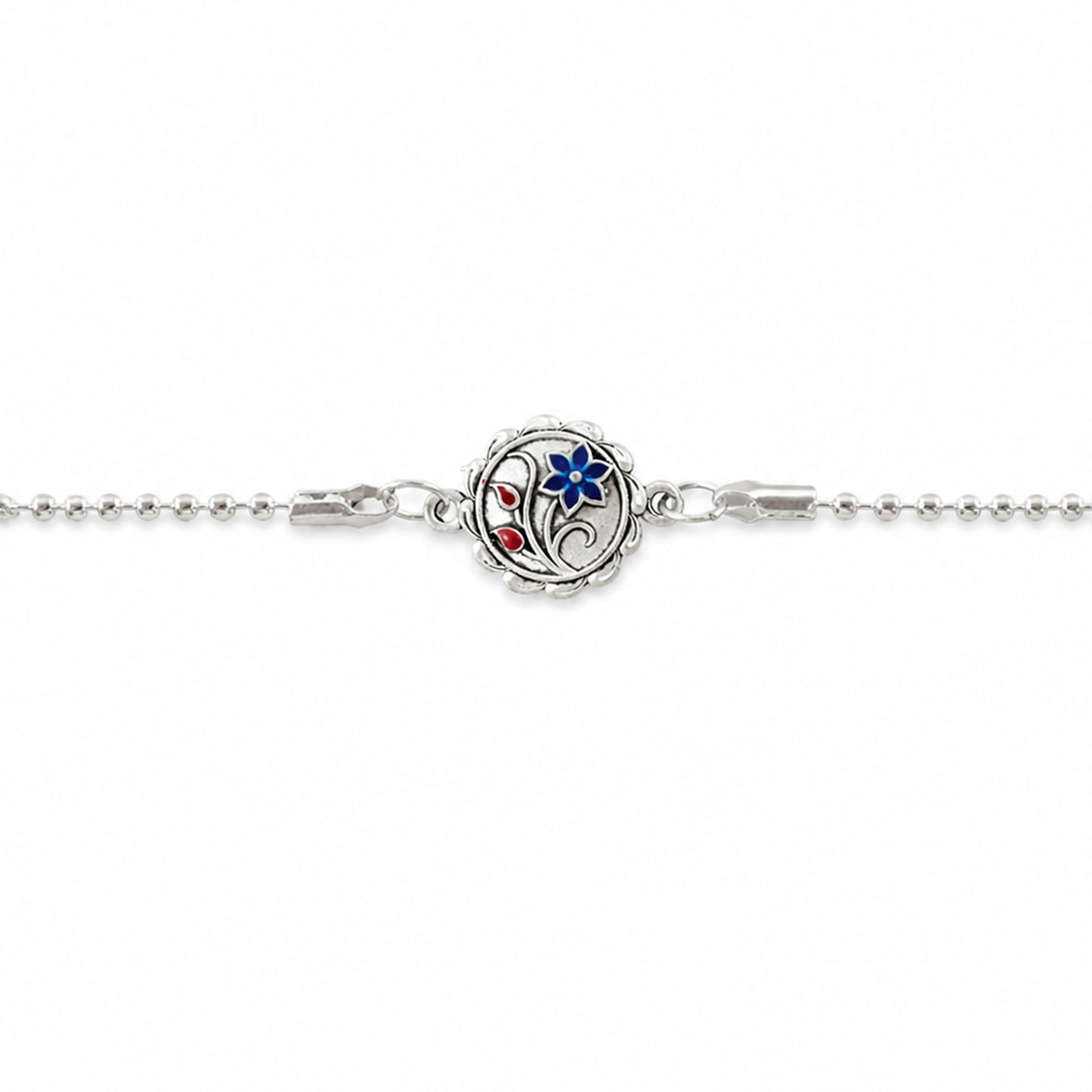 Designer Flower Motif Carved Round Silver Chain Designer Rakhi