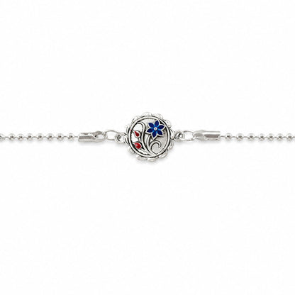 Designer Flower Motif Carved Round Silver Chain Designer Rakhi