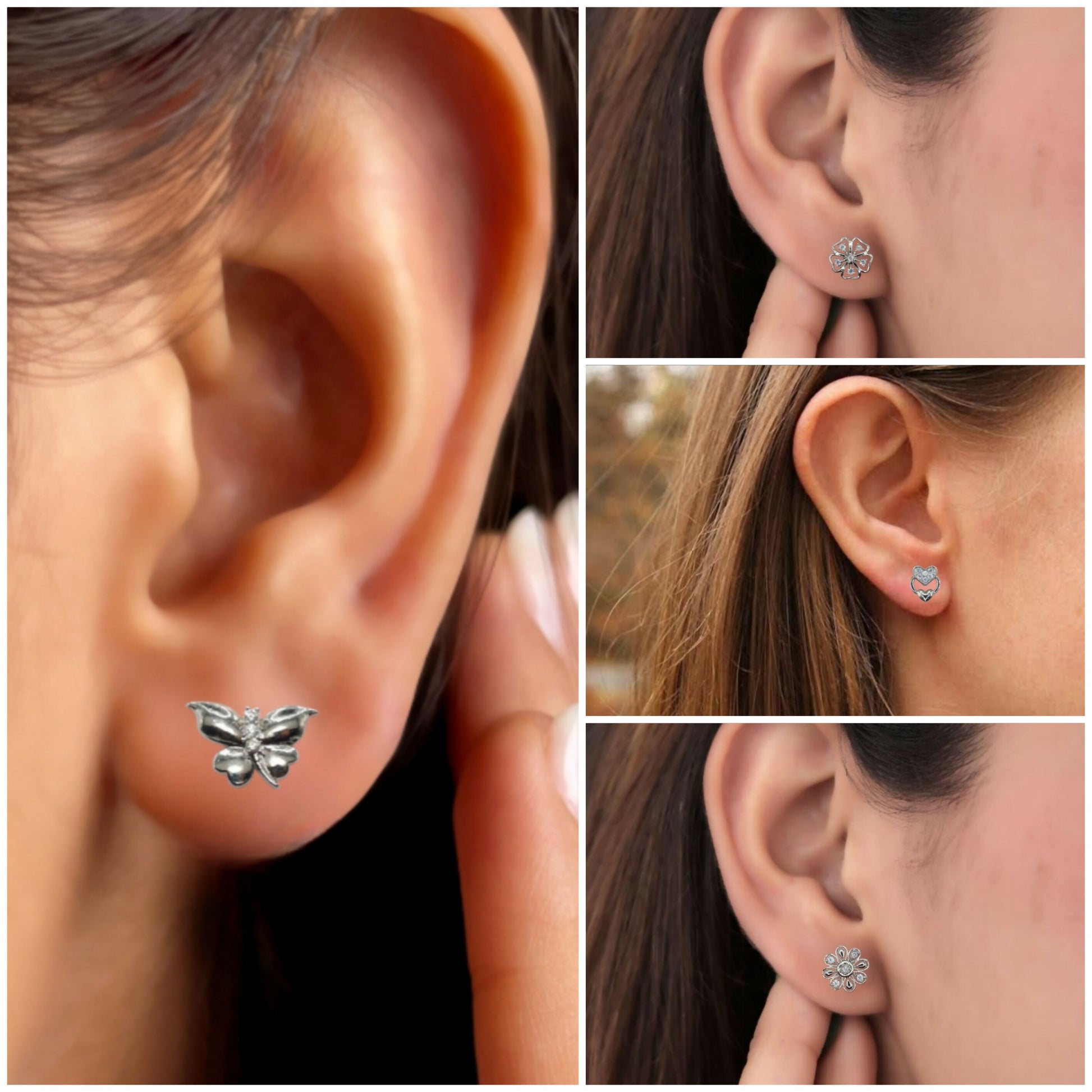 Silver plated floral stud earrings showcasing delicate petal designs