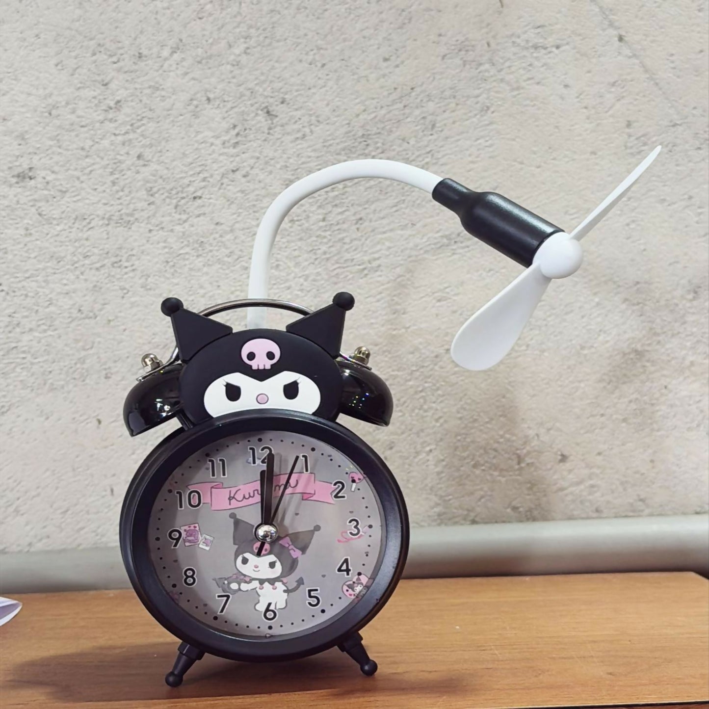 Cute Kuromi Cartoon Alarm Clock with Fan | Kids Bedside Table Clock with Cooling Mini Fan | Black Twin Bell Analog Alarm Clock for Bedroom, Study & Gifting