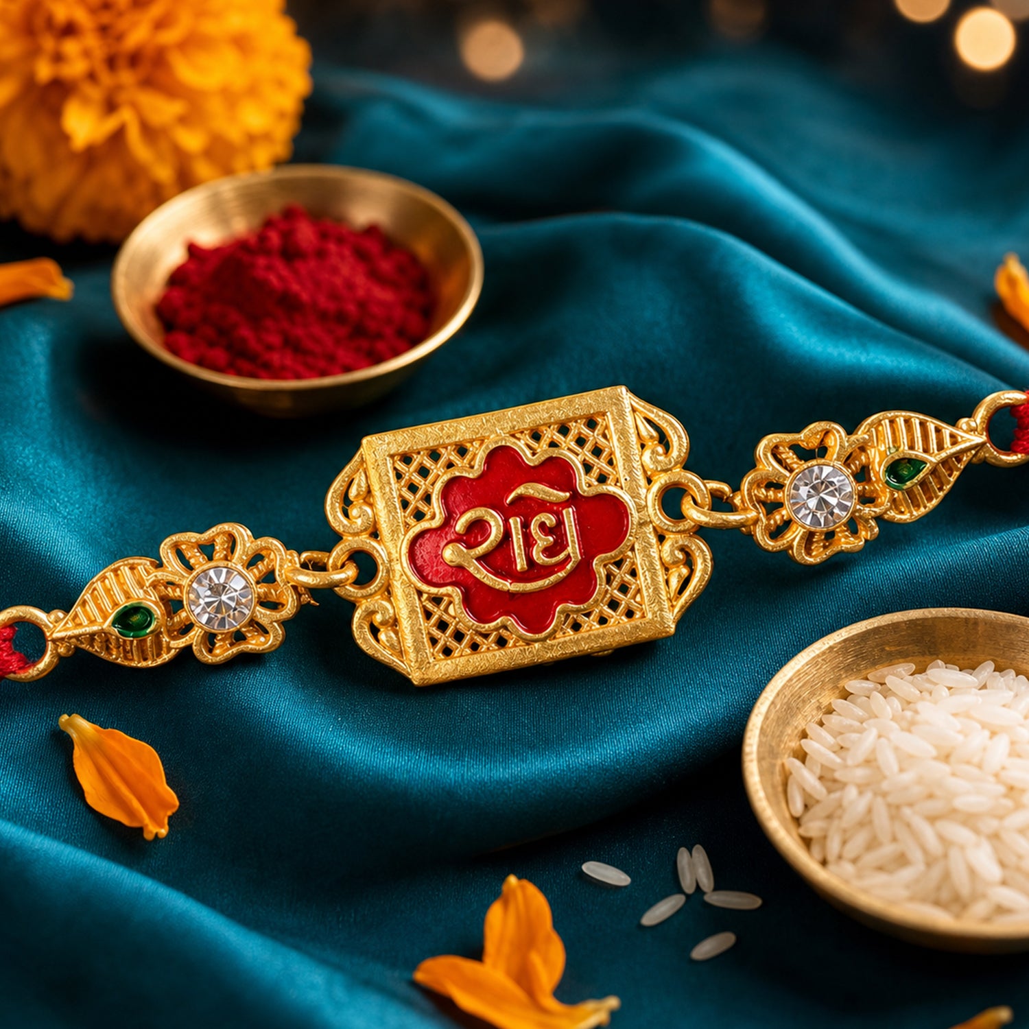 Gold-Toned Radhe with Red Enamel, Crystal Accents & Designer Red Thread