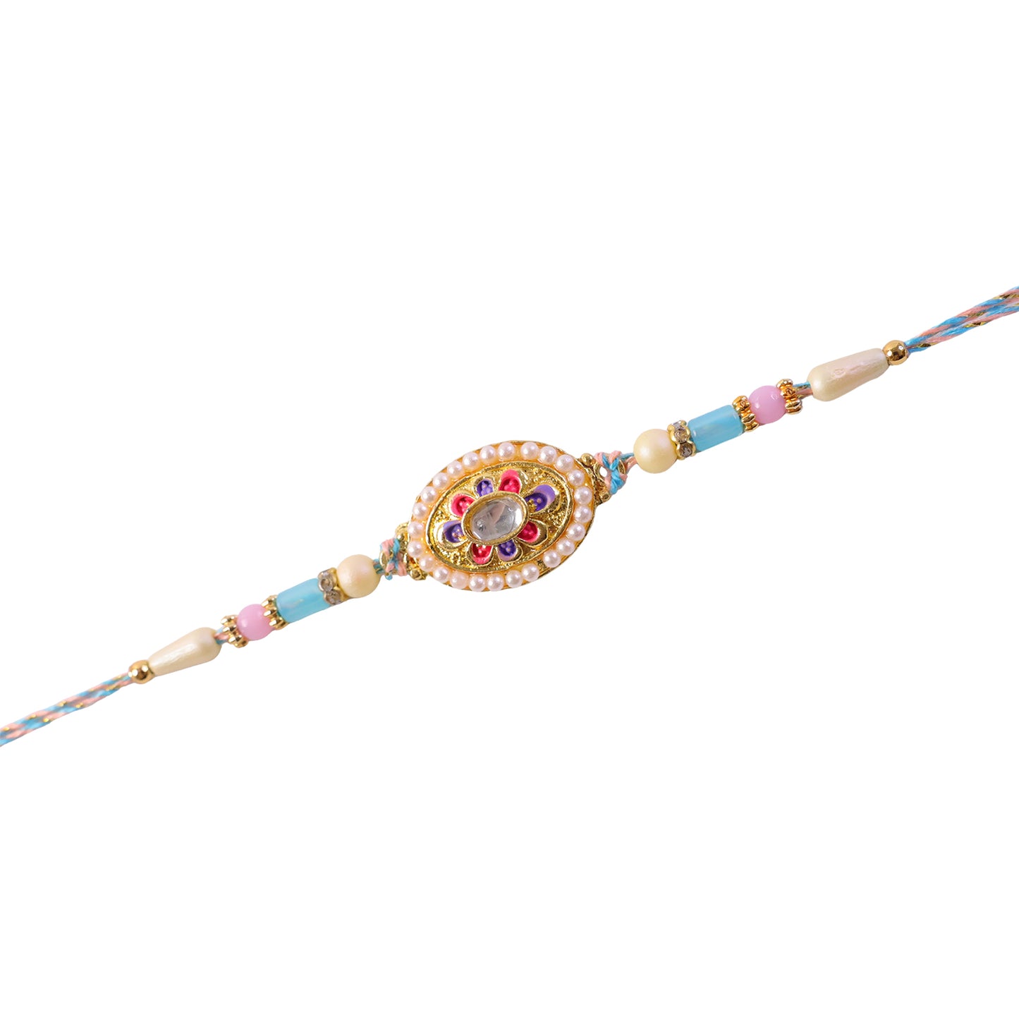 Pearl Bordered Oval Kundan Pendant Rakhi with Pastel Beads