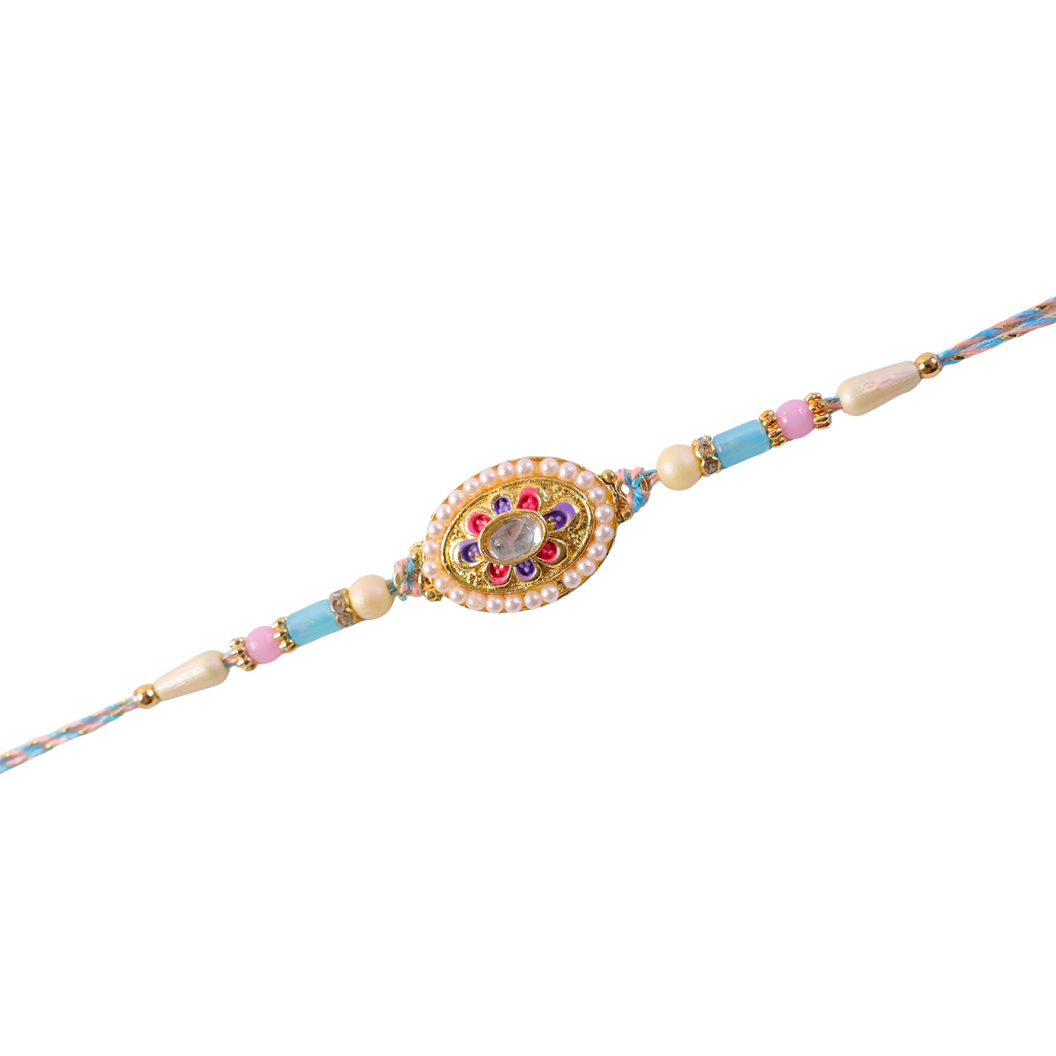 Pearl Bordered Oval Kundan Pendant Rakhi with Pastel Beads