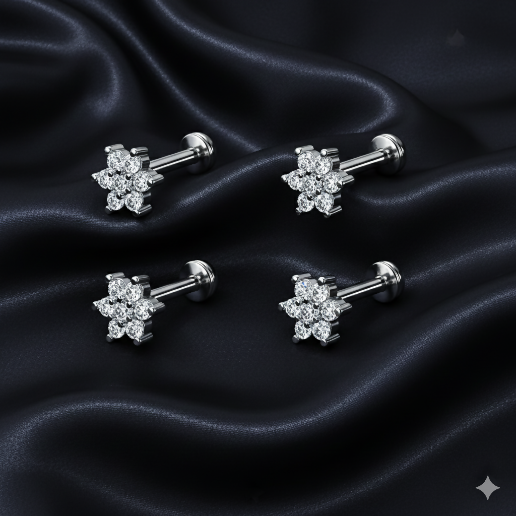 Model wearing a single crystal flower nosepin stud as a delicate nose piercing.