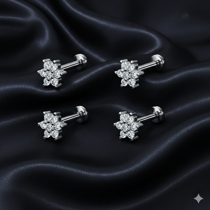 Model wearing a single crystal flower nosepin stud as a delicate nose piercing.