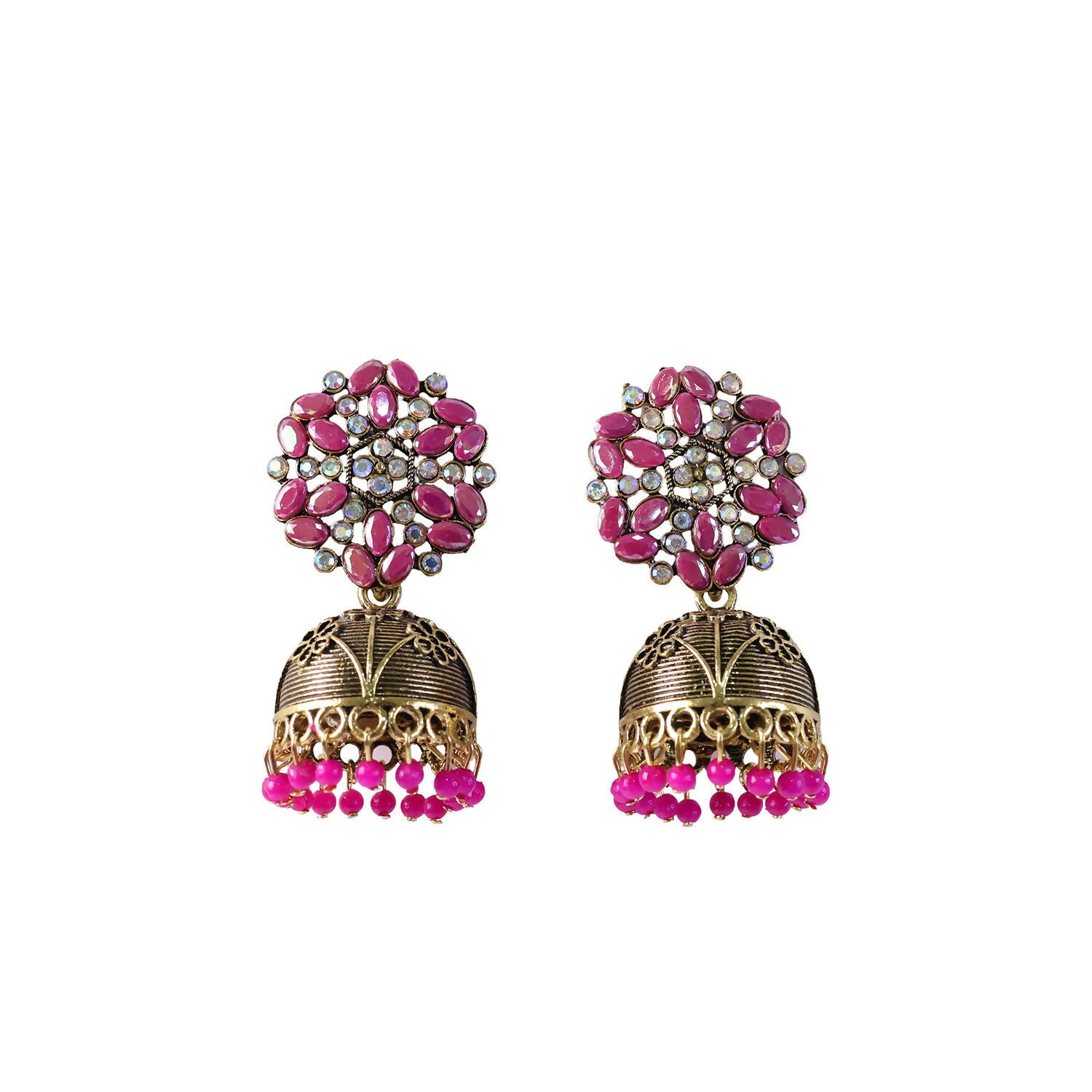 Detailed shot of pink beads and antique gold jhumka dome