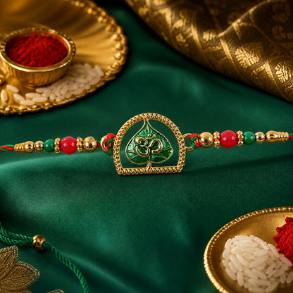 Divine Rakhi with Om Arch Plaque, leaf detail and display look for Festive Display