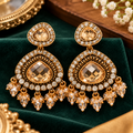 Women’s Antique Gold-Tone Jhumka Earrings with Crystal Stones & Beaded Drops for Ethnic Wear