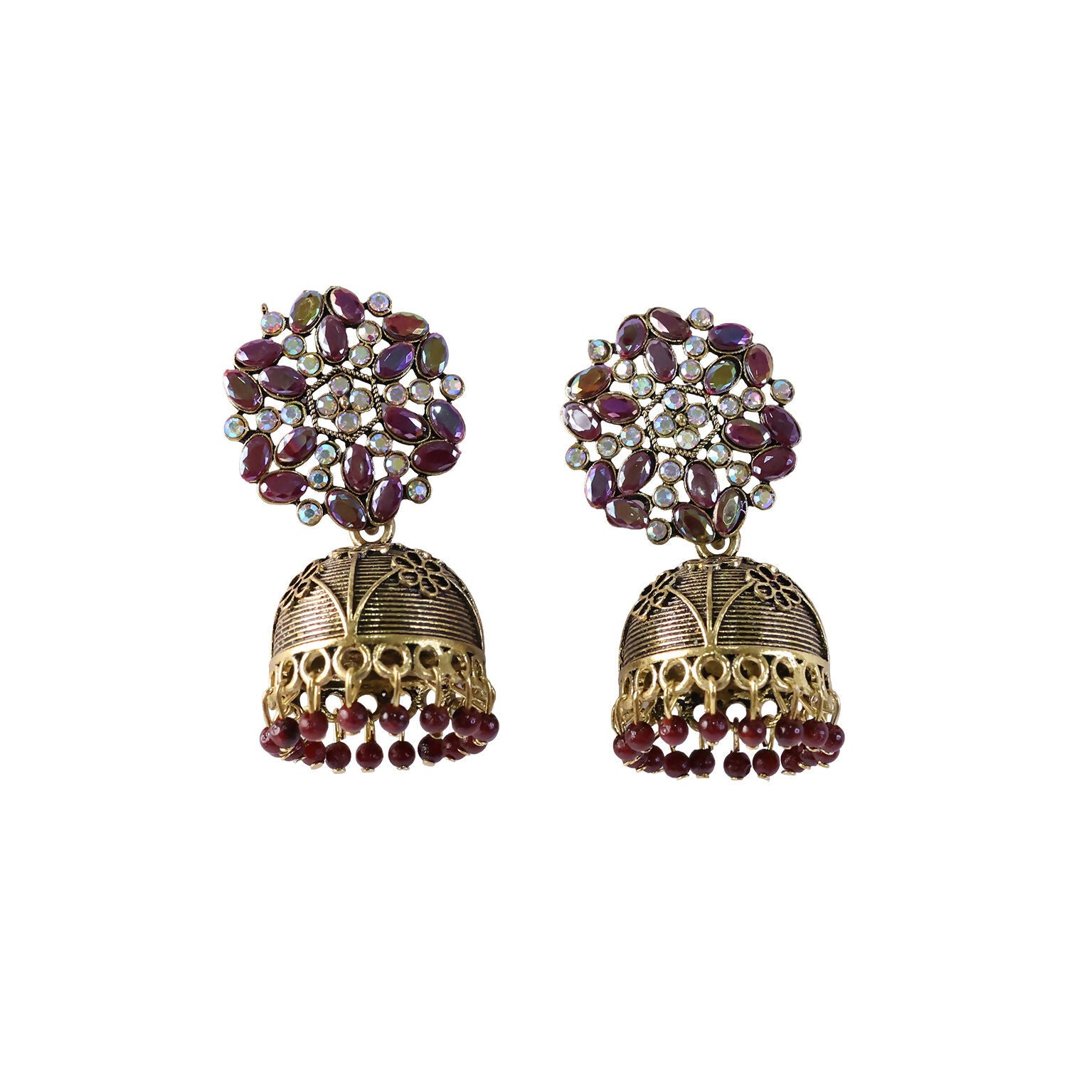 Purple Bead Hanging on Golden Jhumka Earrings