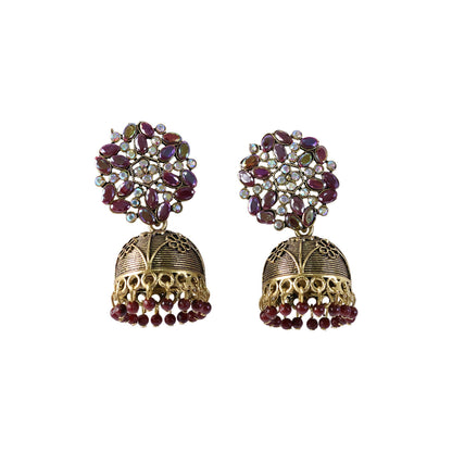 Purple Bead Hanging on Golden Jhumka Earrings