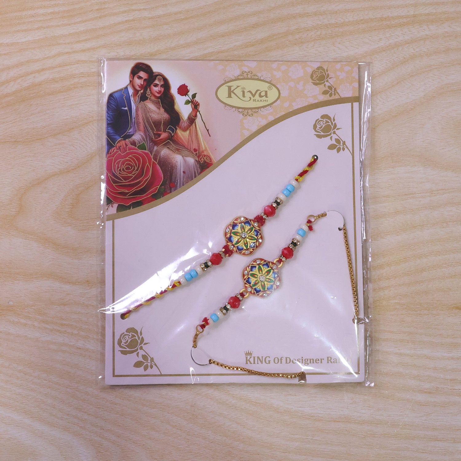 Round Meenakari Mosaic Bhai Bhabhi Lumba Rakhi with Pearl Drops