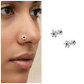 Silver-Plated Floral Nosepin Studs with Ruby-Red Stone – Pack of 2