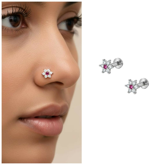 Silver-plated floral nosepin stud with vibrant ruby-red stone at center