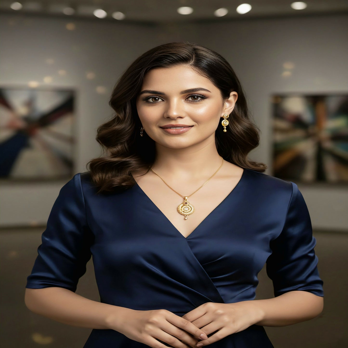Gold-Plated Circular Pendant Necklace with Matching Drop Earrings – Floral Diamond & Ruby Accents