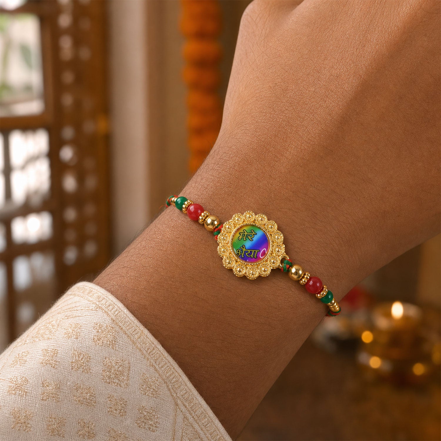 Bold Rakhi featuring Rainbow Devanagari Plaque, bead line and gift style for Gift Use